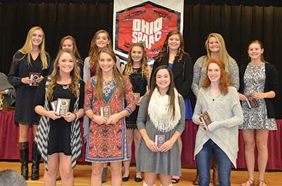 SBAAC American Division First Team volleyball players pose with their awards during the Fall Sports Awards Dinner and Banquet held at Hamersville School on Nov. 9. Front row, from the left, are Mary Sizer (junior, Western Brown), Tessa Pinkerton (junior, Western Brown), Emily Cooper (junior, Western Brown), and Ryan Williams (junior, Norwood); back row, Rachael Riffle (senior, New Richmond), Aubree Story (junior, New Richmond), Allison Umbarger (sophomore, Goshen), Lexi Payne (sophomore, Goshen), Trystan Norman (senior, Batavia), Alissa Marois (sophomore, Amelia), and Allie Brown (junior, Amelia).